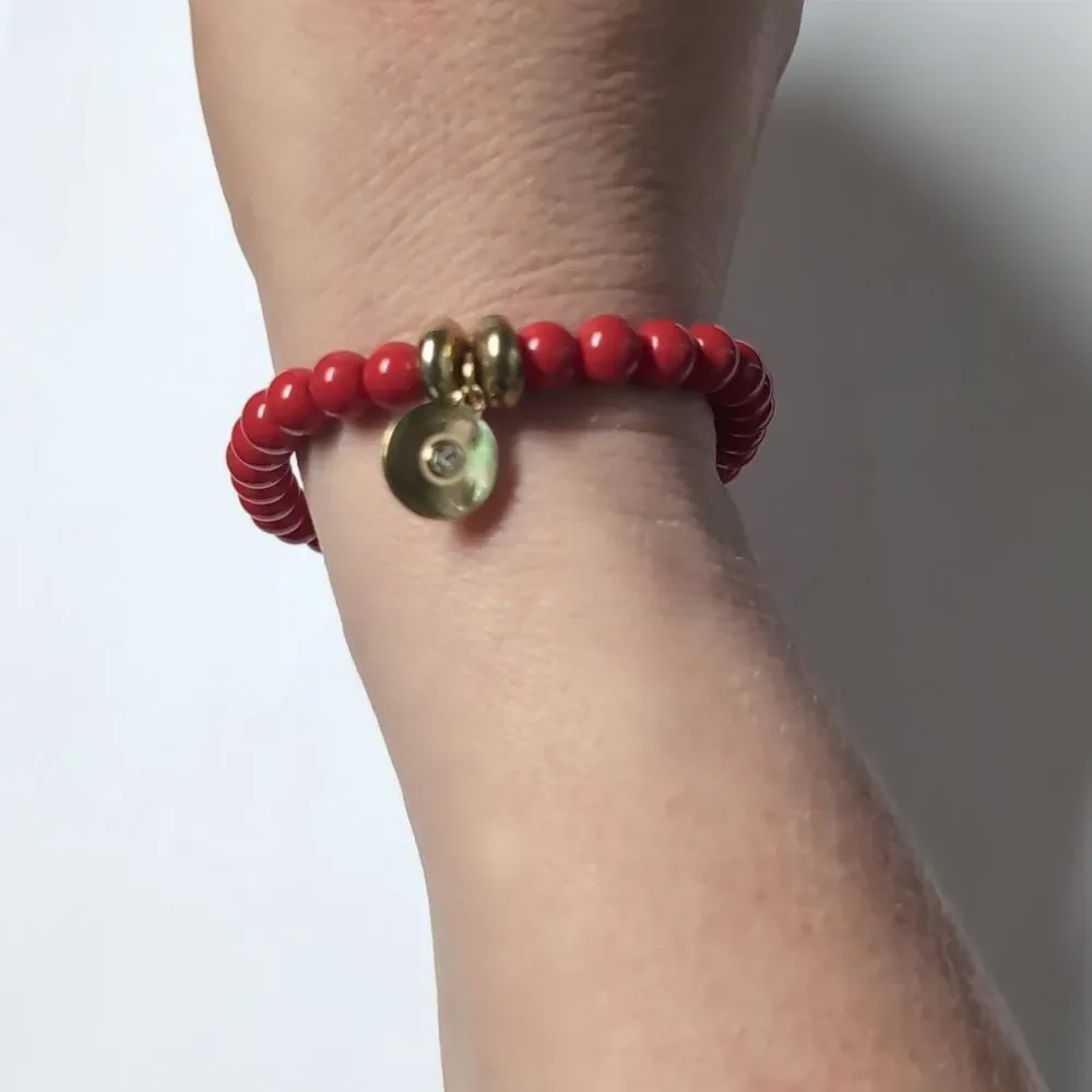 39 Red Beaded Bracelet with Gold Disc and One Rhinestone‎